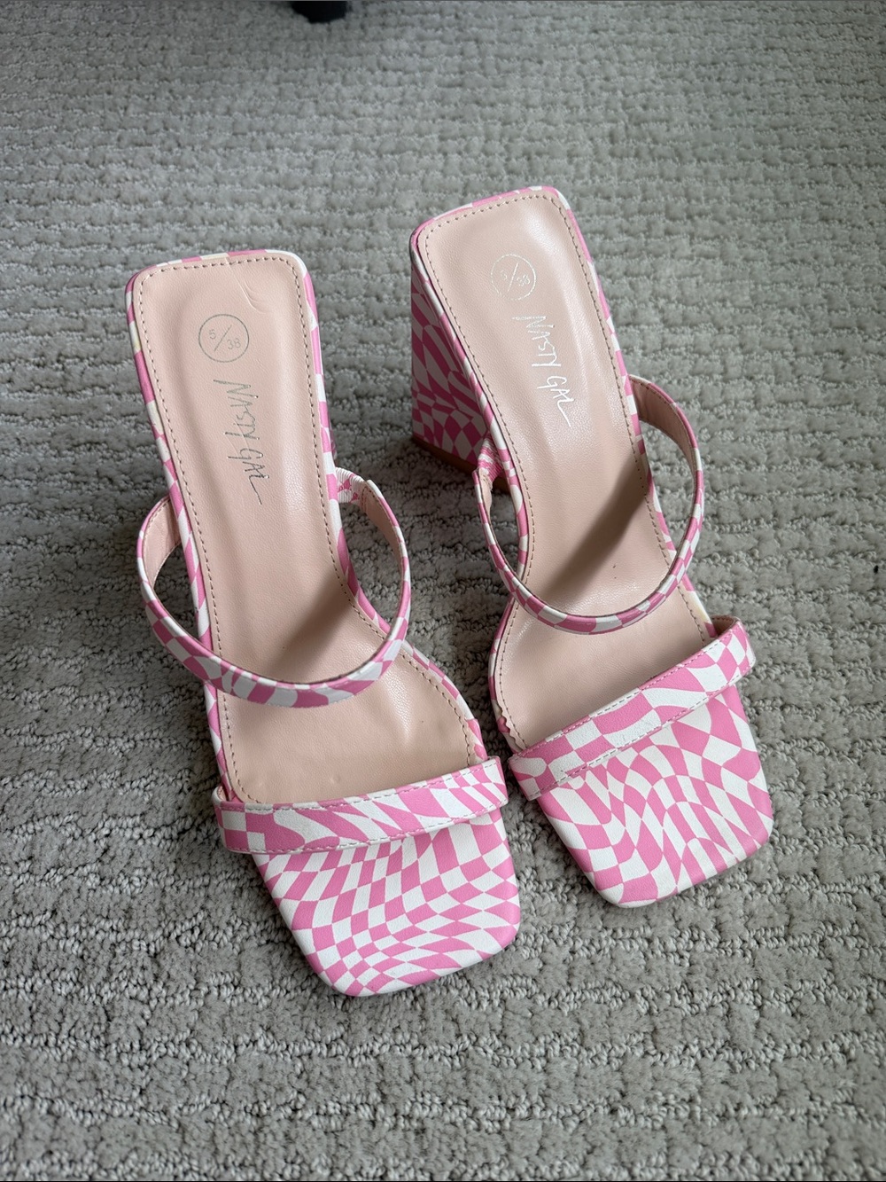 Nasty Gal Pink Geometric Checker Block Heels